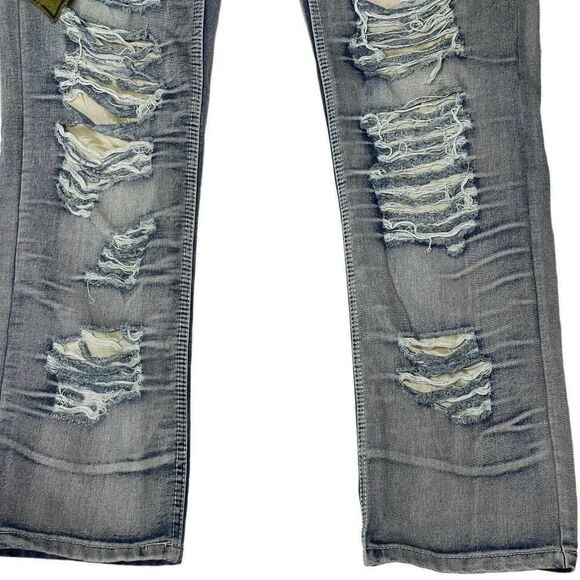 Mens True Rock Jeans Distressed Thrashed Patches Tag Size 34 Light Stone Wash - Picture 2 of 12